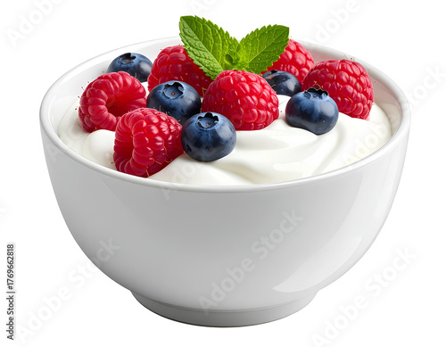 A bowl of Greek yogurt with berries, against a transparent background.