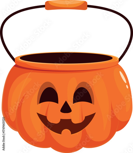 Festive pumpkin shaped basket with a handle, ready for trick or treating fun on halloween night