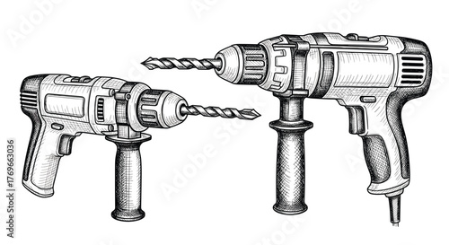 Artistic black and white sketch featuring a pair of electric hammer drills with attached bits and side handles.