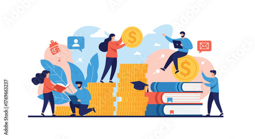 Diverse people engaged in education and financial investment, symbolizing academic success, scholarships, and wealth building.