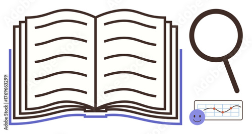 Open book with visible text lines, magnifying glass, small data chart, and emotion. Ideal for education, research, analysis, learning data insight evaluation knowledge acquisition. Simple flat