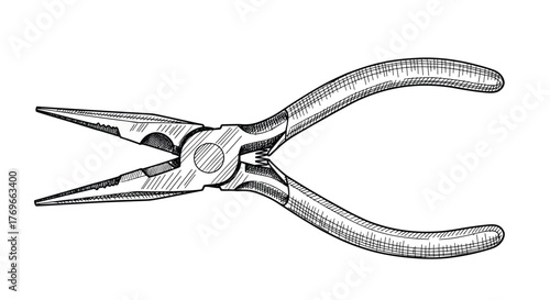 A detailed black and white illustration of open needle-nose pliers, showcasing their pointed jaws and hinged handles.