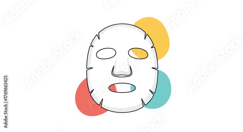 A simple graphic illustration of a white facial sheet mask for skincare, featuring abstract colorful blob shapes in the background.