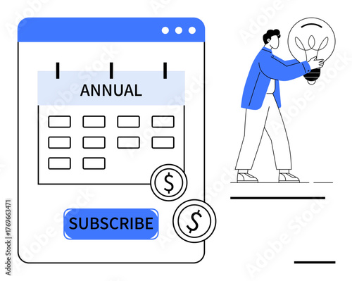 Calendar marked annual beside a subscribe button, coins, and a person holding a big lightbulb. Ideal for finance, planning, innovation, subscriptions, savings creativity strategy. Simple flat