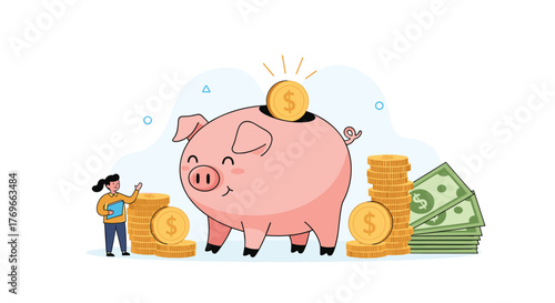 A smiling woman engages in financial planning by depositing money into a pink piggy bank, alongside stacks of coins and banknotes.