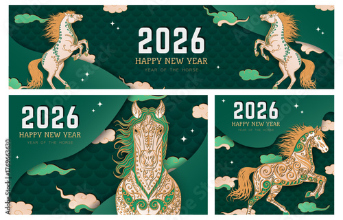Set of green banners with hand drawn paper cut clouds, stars and golden ornate Horses as zodiac sign for 2026 Lunar New Year. Layered greeting cards in Asian style. Christmas craft billboards