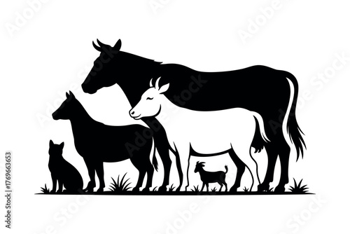 Silhouette illustration of farm animals including cow horse goat and cat