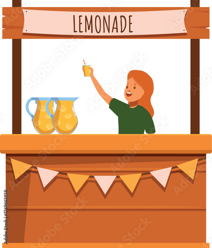 Smiling girl serving lemonade at wooden stand with pitchers and garland