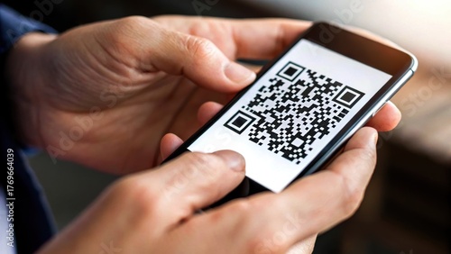 Technology of scammer and fraud concept. A person scanning a QR code on a smartphone, showcasing modern technology and connectivity.