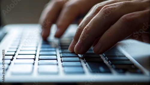 Technology of scammer and fraud concept. Close-up of hands typing on a laptop keyboard in a soft-focus setting.