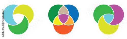 Modern isolated Venn diagram icons set on white background. Infographics vector flat diagram set on white page. EPS 10. 