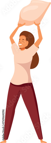 Young woman wearing casual clothes holding pillow above her head, preparing for a pillow fight, isolated on white background