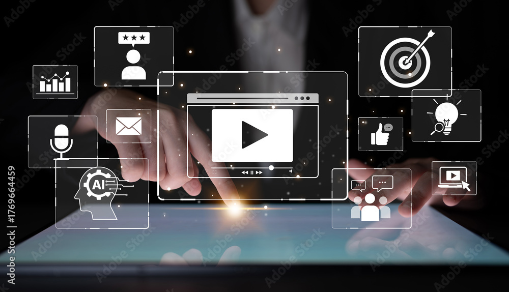 Obraz premium Video marketing helps businesses engage audiences with video marketing tools, video marketing strategies, video marketing trends, and success. Spline