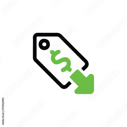pricetag discount icon with dollar sign and down arrow vector illustration for promotions sales and savings graphics