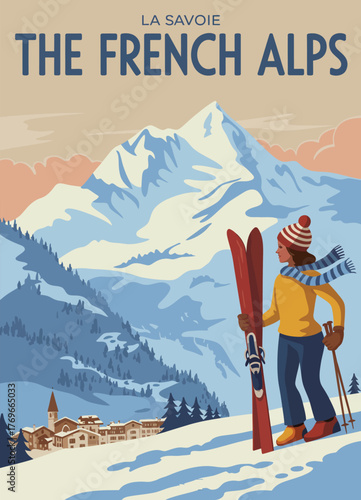 Adobe IllustrFrench Alps Ski Resort Retro Poster, Mont Blanc Winter Travel Illustration, Girl Skiing – Use for Posters, Travel Ads, Postcards, Social Media, Apparel, Wall Artator Artwork