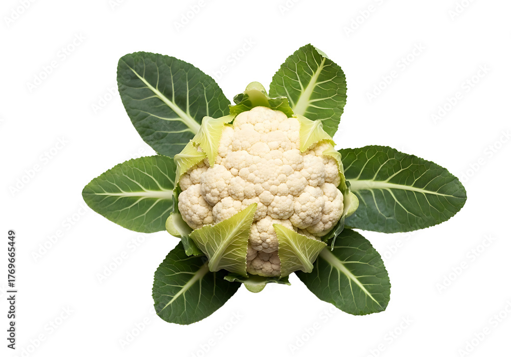 Obraz premium Fresh Cauliflower Head with Green Leaves on White Background.