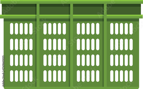 Empty green plastic crate with ventilation holes, ideal for storing and transporting goods