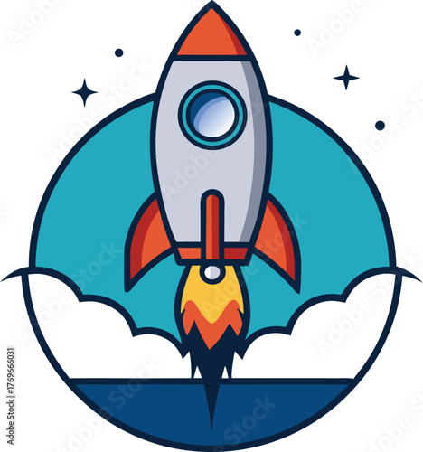 Cartoon rocket launching with orange fins and blue exhaust space spaceship vector illustration EPS file download.
