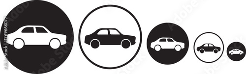 progressive vehicle size comparison icons set, minimal car silhouettes shrinking left to right, scalable vector for ui