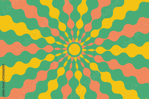 Groovy starburst abstract background. Orange and yellow sun wavy rays, retro psychedelic design. Disco striped poster.