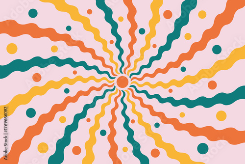 Swirl groovy starburst with wavy rays illustration. Spiral candy striped design with dots. Carnival radial abstract background.