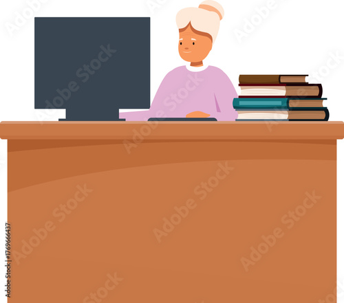 Senior woman using computer at office desk with books, representing active aging, lifelong learning, and adaptation to technology