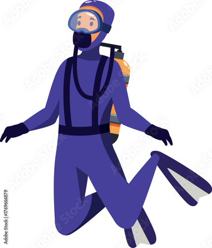 Diver in a diving suit with an oxygen tank and fins explores the underwater world