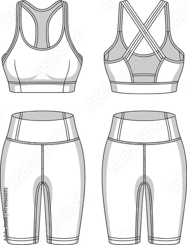 Women’s athletic outfit sketch, sports bra and biker shorts design, crisscross strap and contour seams, fashion flat vector, activewear construction layout