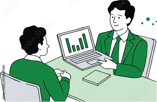 teamwork data explanation on laptop bar chart presentation meeting corporate training analytics vector flat design