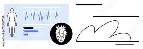 Human outline, heart diagram, cardiograph, and progress bars for medical diagnosis, patient monitoring. Ideal for healthcare, cardiology, wellness, technology research diagnostics simple flat