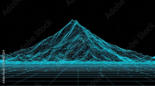 Abstract geometric wireframe mountain peak on a perspective grid, stylized in retro blue neon light for technology concept.