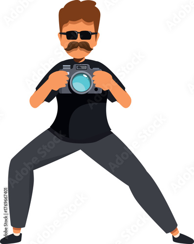 Professional photographer taking photos with digital camera in a wide stance