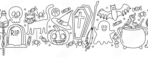 Seamless border with Halloween elements in  doodle style. Horizontal pattern with ghost, bat, spiders, cat, potion, skull, candies, bone, cauldron, eye