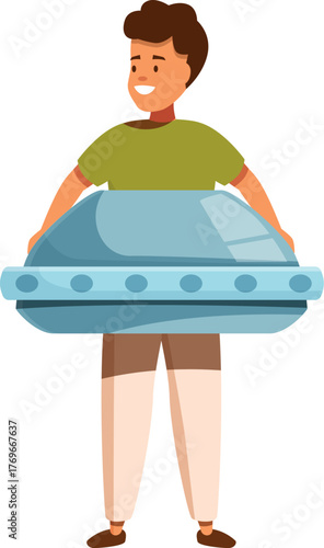 Happy boy playing with toy spaceship, imagining being an astronaut exploring universe
