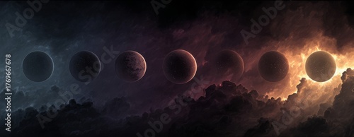 Seven alien planets dramatically transition from cool blue darkness to fiery orange light in a vast, epic cosmic sky.