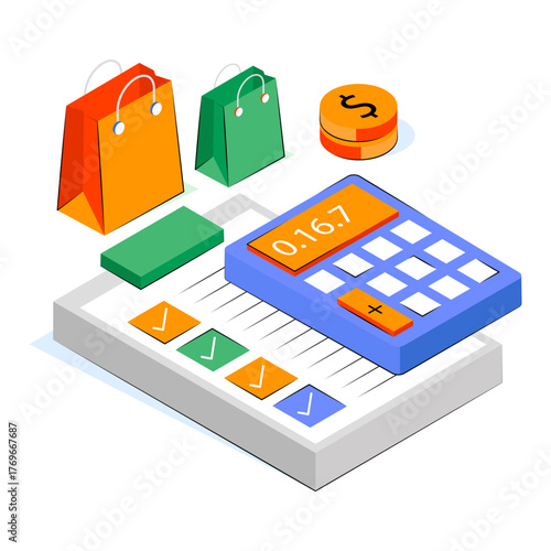 Calc with bag, concept of shopping calculation illustration 
