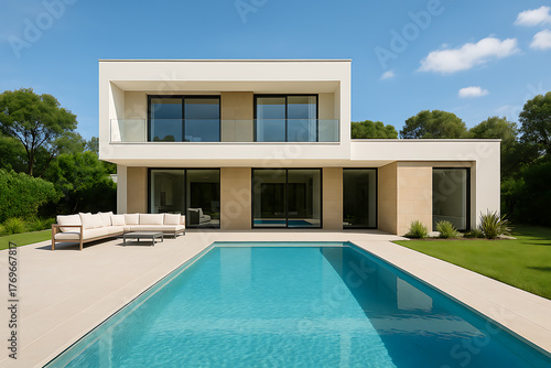 Beautiful modern villa exterior with swimming pool. 