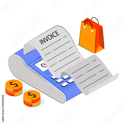 Invoice machine illustration, isometric design of point of sale 