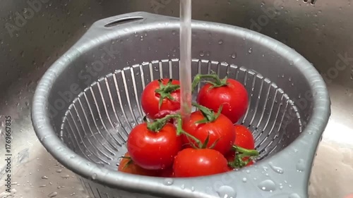 A branch of ripe cherry tomatoes is washed under running water in a refrigerator.