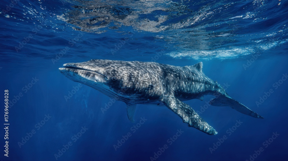 Obraz premium A giant whale swims serenely underwater showcasing its impressive size and beautiful patterns.