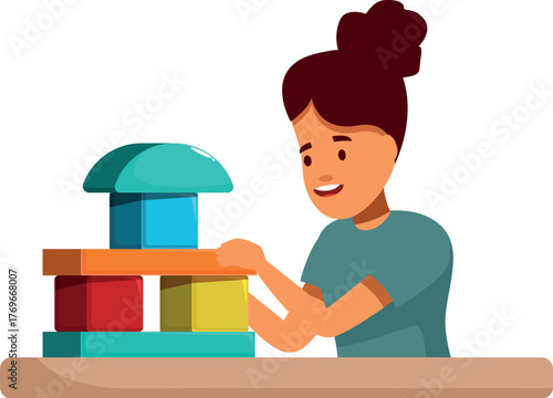 Smiling preschooler girl playing with building blocks, developing fine motor skills and creativity