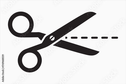 Scissors icon cutting tool with dotted line, symbol of cut, design element for tailor shop, hairdresser, or craft