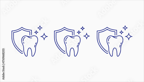 Three teeth with shields protecting them, concept of dental care, protection against caries and other dental diseases