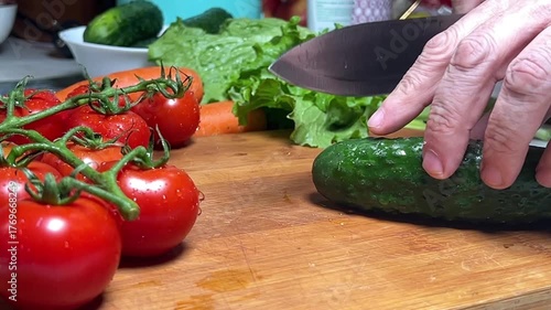 A man's hand slices a ripe cucumber on a wooden board. Slow motion.