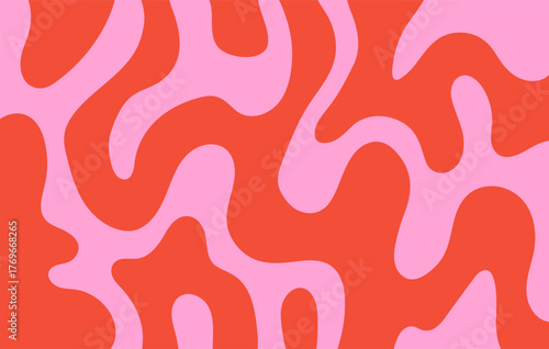 Wavy horizontal background with liquid organic shapes. Trendy vector illustration in style retro 60s, 70s. Red and pink colors