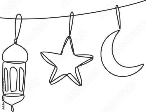 Minimalist black and white line drawing of hanging Islamic decorations Ramadan lantern