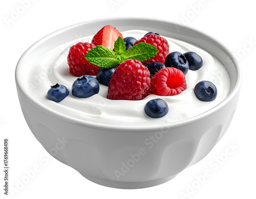 A bowl of Greek yogurt with berries, against a transparent background.