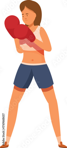 Young woman boxer practicing her fighting stance, wearing boxing gloves and athletic attire