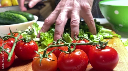 Chopped lettuce leaves are put into a green salad bowl with your hands. Close-up.