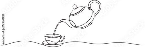 Minimalist line drawing pouring tea from teapot into cup black and white line art